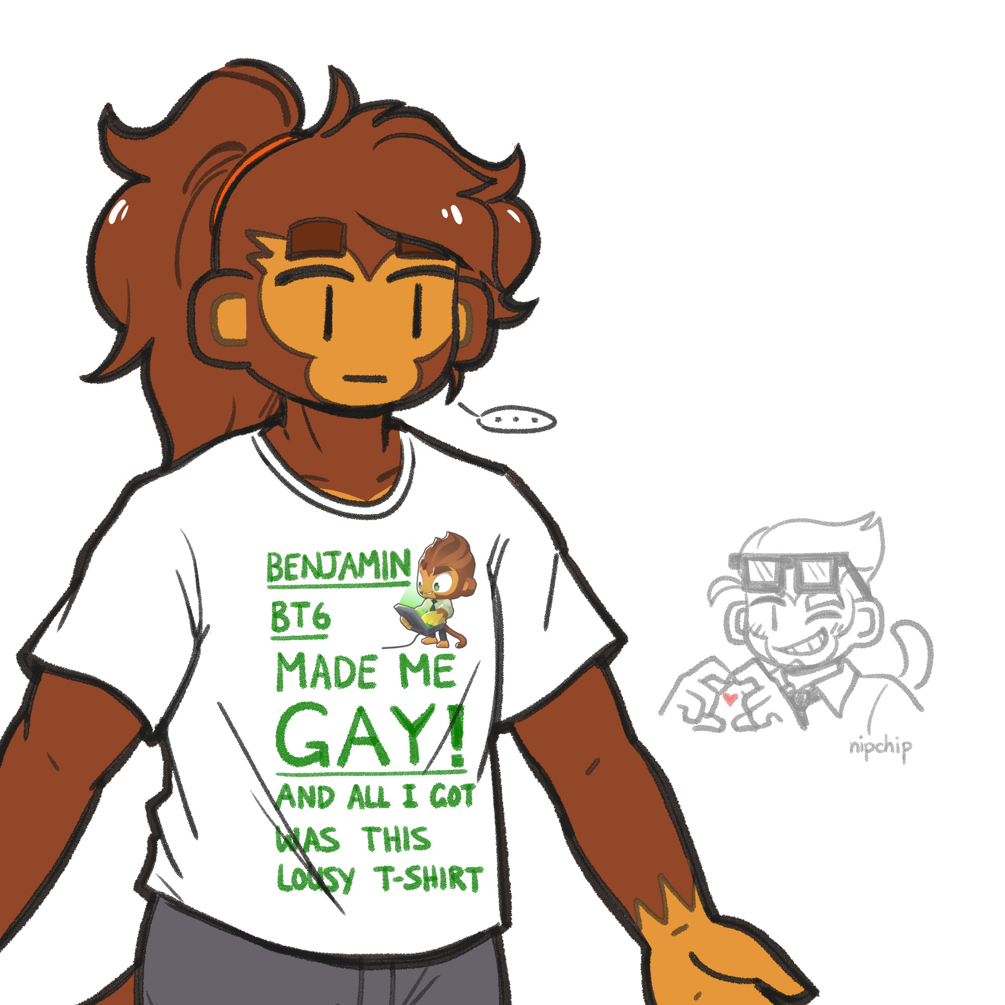 A blank-faced Quincy wearing a t-shirt with the text 'Benjamin BTD6 made me gay! And all I got was this lousy t-shirt'. Benjamin in the back is winking and giving a shit-eating grin, his hands in a heart gesture.
